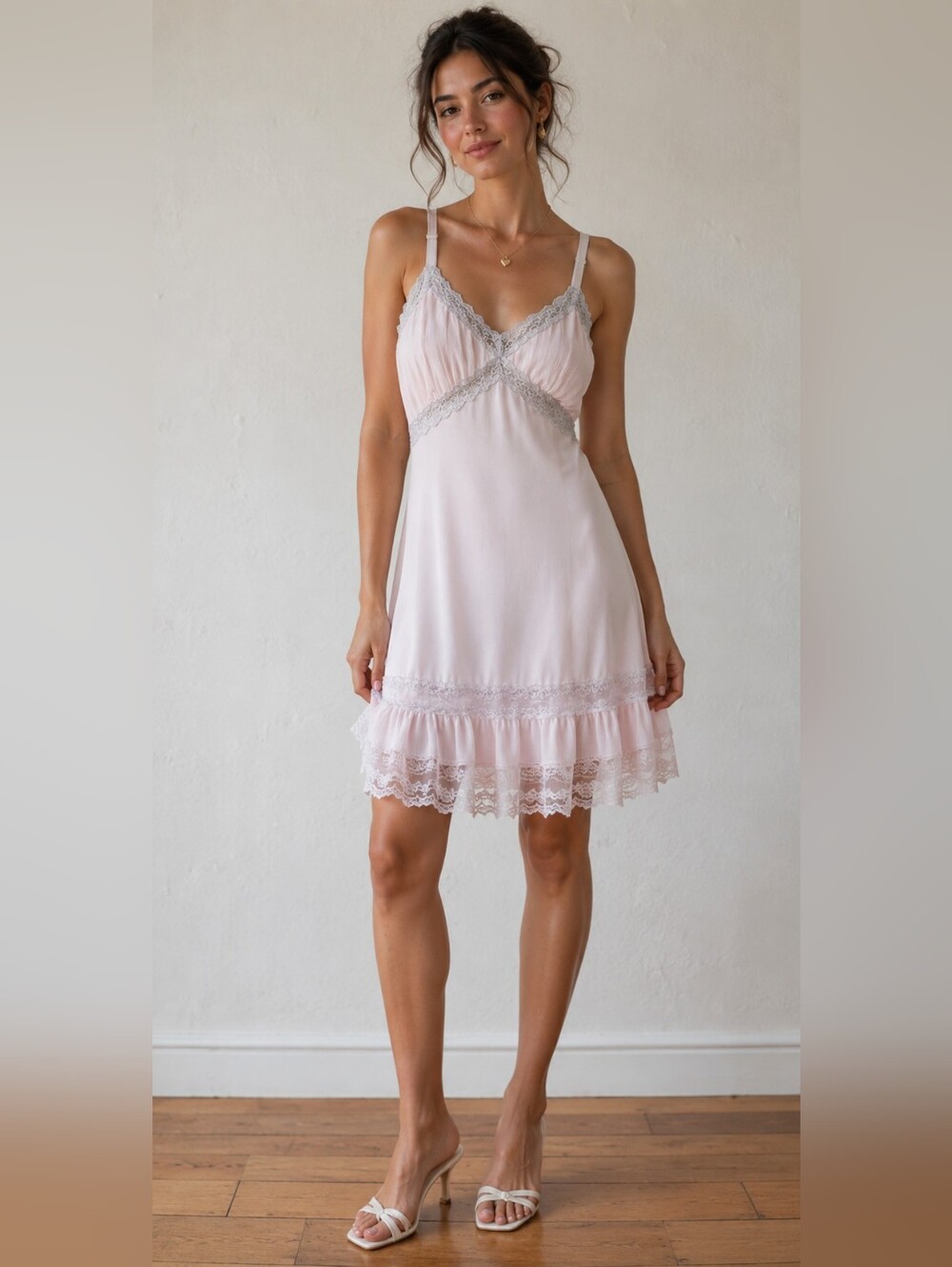 Vintage Women's Lace-Trim Slip/Dress - Light Pink